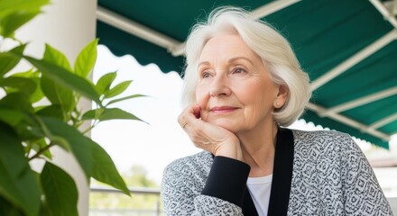 A senior woman with short gray hair thoughtfully gazing outdoors, with green plants in the background. She appears relaxed and content, reflecting on her life experiences.