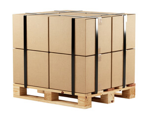 Realistic Stack of Brown Cardboard Shipping Boxes on Wooden Pallet Secured with Black Straps, Isolated on Transparent and White Background
