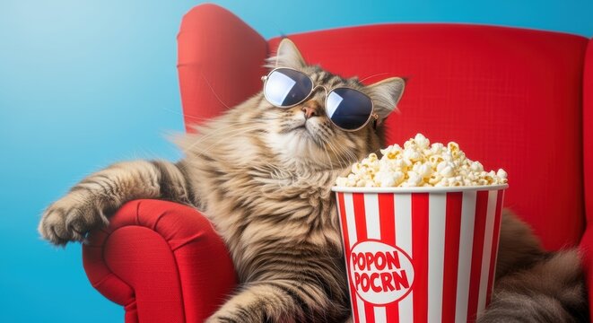 A fluffy brown and white cat wearing sunglasses and relaxing on a red chair while holding a bucket of popcorn. The cat appears to be enjoying a movie or TV show in a stylish and playful setting. - Powered by Adobe