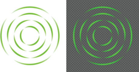 Green concentric circles with motion blur effect on white and transparent backgrounds abstract