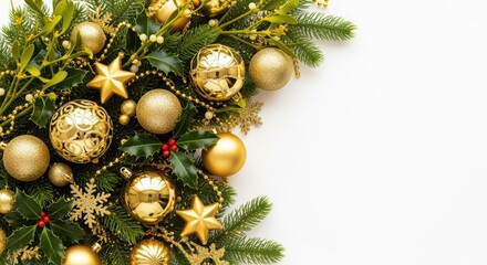A festive Christmas wreath with pine, golden ornaments, and sparkling decor. Vibrant, metallic tones create a warm, celebratory atmosphere. Neutral background highlights the wreath's brilliance.