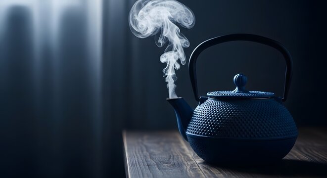 Steaming blue cast iron teapot on rustic wooden table with soft blue light, creating a comforting warm drink concept for a reflective Blue Monday