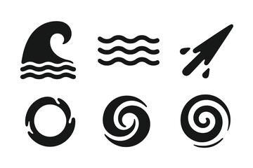 Natural Water Icons. Solid style icons of natural precision: focused wave crest, aligned ripple flow, directed current beam,