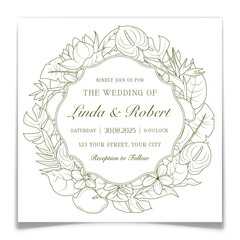 Wedding Invitation Card with Tropical Plant Wreath