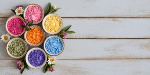 Top-view flat-lay Holi powder bowls on pale blue wood, daisies, copy space