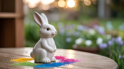White porcelain bunny, pastel powder on wood table — Easter greeting card