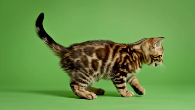 A detailed studio shot of a beautiful Bengal kitten with spotted fur walking on a green background, showcasing its unique coat pattern