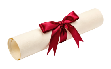 Elegant Cream Rolled Parchment Diploma Certificate Tied with Shiny Red Satin Ribbon Bow, Isolated on Transparent and White Background