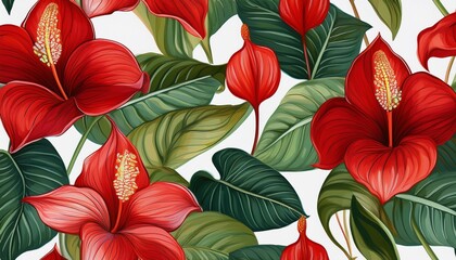 seamless floral pattern showcases vibrant red anthurium flowers with lush green leaves on a white background