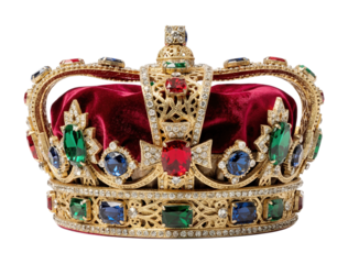 Luxurious Ornate Golden Royal Crown with Multicolored Gemstones, Red Velvet Cap, and Intricate Filigree Design, Isolated on Transparent and White Background
