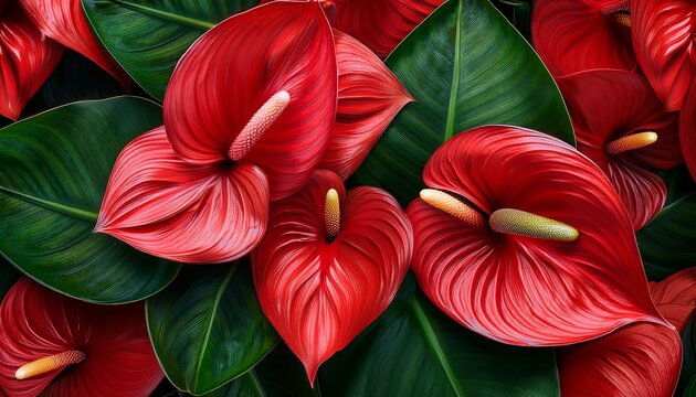 rich red anthurium flowers with vibrant green leaves create an elegant and captivating seamless pattern design