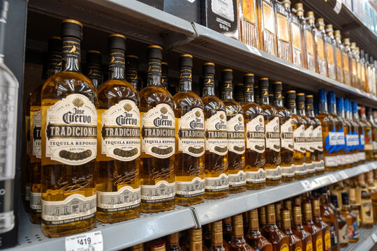 Jos&eacute; Cuervo Tradicional 100% agave tequila bottles on a Walmart shelf. Becle (Casa Cuervo) brand, originated in Tequila, Jalisco, Mexico (since 1795). Jose cuervo, Jalisco, Mexico, December 4, 2025.