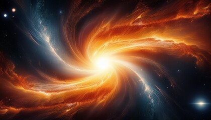 galactic core radiating intense light with swirling orange nebula and energetic jet in deep space evoking awe and cosmic wonder
