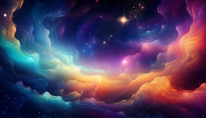 cosmic background with vibrant nebula soft rainbow waveforms glowing gas clouds and countless stars in deep space evoking awe and wonder