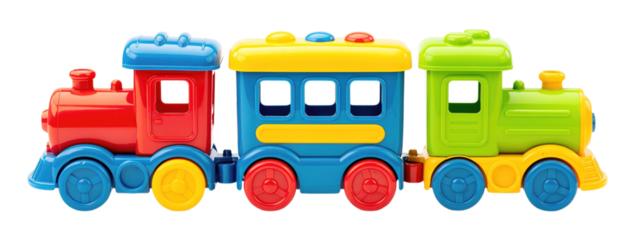 Vibrant Multicolored Plastic Toy Train Set Featuring Red Locomotive, Blue Passenger Car, and Green Engine, Isolated on Transparent and White Background