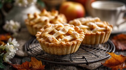 Three apple pies with lattice crust on a wire rack, autumn setting