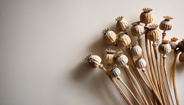 dried poppy seed pods rustic decoration with wooden stems on neutral backdrop