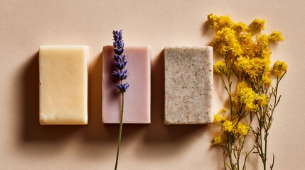 Three bars of soap with lavender and yellow flowers on beige background