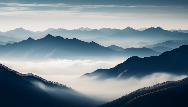 faint mountain silhouettes layered in atmospheric mist dark peaks emerging above soft white clouds tranquil and minimal landscape with high contrast