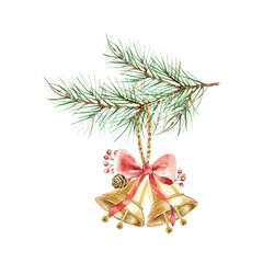 Golden bells with a red bow hanging on a green spruce branch. Hand drawn watercolor illustration, isolated. For Christmas and New Years vintage cards, invitations and labels.