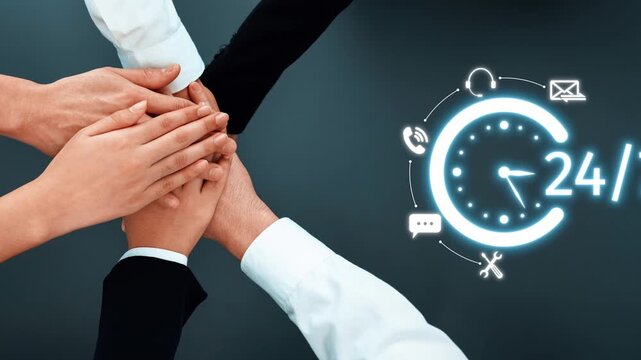 Illustrative image depicting teamwork with hands together and a 24-hour availability icon, symbolizing continuous support in business and service sectors for clients. Raster - Powered by Adobe