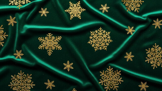 A luxury holiday background with a deep emerald green velvet texture and delicate, scattered gold foil snowflakes