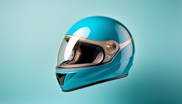 vintage blue motorcycle helmet with reflective visor floating against a soft pastel background showcasing retro design and nostalgic appeal for enthusiasts and collectors
