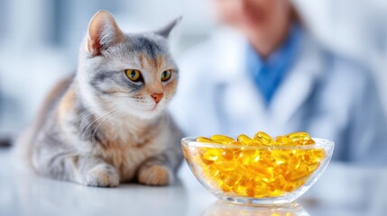 Veterinary Vitamins Displayed on Glass Podium in Clinic With Cat Observing the Products During a Consultation on Health