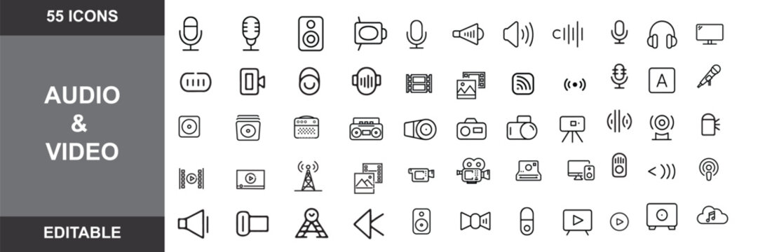 Audio Video set of web icons in line style. Music and Video icons for web and mobile app. Podcast, video media player, radio, song. vactor file