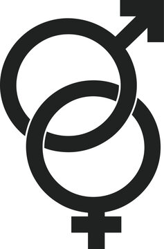 Interlinked male and female gender symbols representing sex, gender identity, relationships, biology, equality and human connection, flat vector illustration