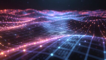 Abstract Digital Landscape with Glowing Nodes and Lines.