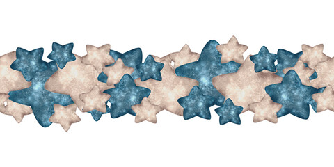 Fototapeta premium Watercolor seamless border with blue and beige stars in soft pastel shades. Illustration for nursery decor, kids textiles, baby shower invitations, packaging, and dreamy night-themed designs.