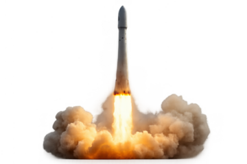 Rocket launching skyward, leaving trail of fire and smoke, symbolizing innovation, exploration, and new beginnings on a transparent background