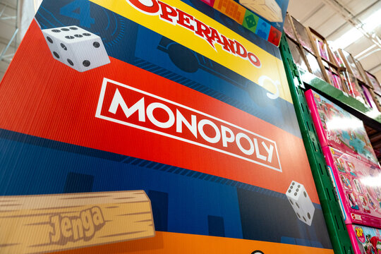 Monopoly logo poster in the supermarket toy section. Hasbro brand, originated in the United States. Guadalajara, Jalisco, Mexico, December 4, 2025.