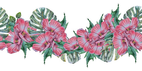 Watercolor seamless border with pink hibiscus flowers and green monstera leaves. Illustration for summer design, greeting cards, packaging and fabric prints. © Mea_ta 