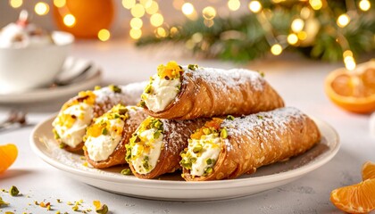 Sizilianische Cannoli, gef&uuml;llt mit cremiger Ricotta-F&uuml;llung und veredelt mit gehackten Pistazien