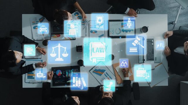 Law icons illustrate justice, court, and regulation system. Law represents fairness, law supports police, and law connects with rules, rights, and enforcement. Funnel