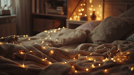 lofi cozy bedroom interior with delicate fairy lights strewn across the room