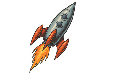 Retro rocket taking off with flames, a vintage cartoon spaceship flying into space, isolated on a transparent background