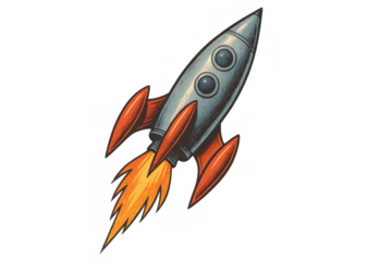 Retro rocket taking off with flames, a vintage cartoon spaceship flying into space, isolated on a transparent background