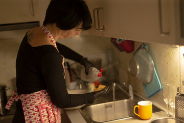 asian lady performing household chores diligently, woman in apron tidying up her kitchen environment, female housekeeper in traditional apron engaged in domestic cleaning tasks diligently
