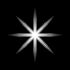 White glowing starburst light effect with radiant beams on dark background, ideal for overlays,...