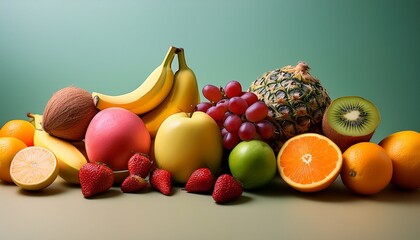 photorealistic ultraminimalistic composition of various fruits arranged on clean monochromatic background