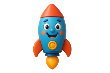 Cartoon rocket character with a happy face, launching with flames. Cute 3d rendered spaceship toy for kids, transparent background