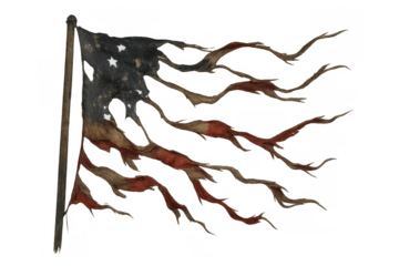 Tattered american flag waving, symbolizing patriotism, struggle, history, war, decay, freedom, and resilience