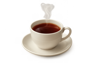 Hot black tea steaming in a white ceramic cup with a matching saucer, ready for drinking, adding a cozy atmosphere. Transparent background