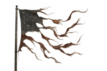 Tattered flag flapping, symbolizing decay, collapse, conflict, and destruction on a transparent background