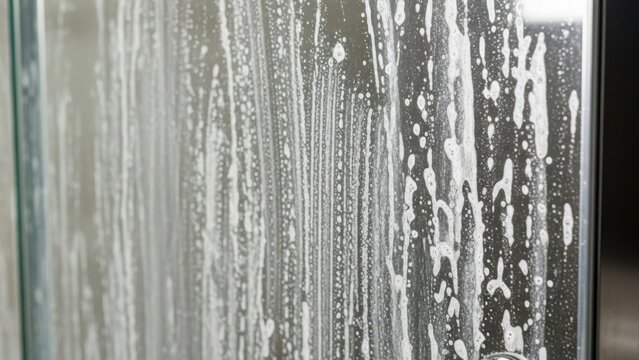 Shower glass cleaning shows soap scum residue on door. Performing shower glass cleaning provides a fresh, sparkling surface. Routine shower glass cleaning leaves surfaces hygienic,