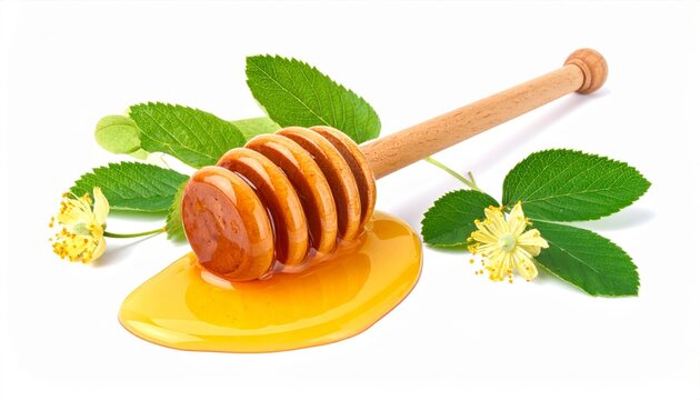 Honey dripping from wooden dipper with linden leaves and flowers on white, natural sweet ingredient.