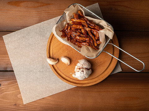 marinated fried pig ears, snacks, appetizers, photo for restaurant menu